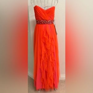 MWT Roberta Bridal prom dress in neon Orange with a neon Pink underlay.